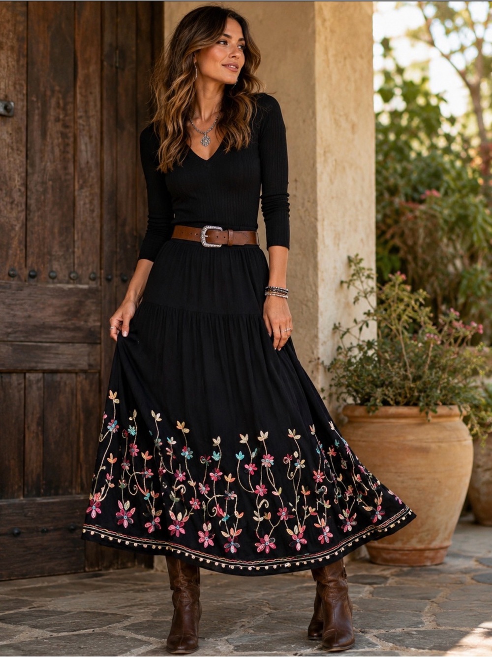 Phool 1X Black Embroidered Floral Rayon Boho Maxi Skirt